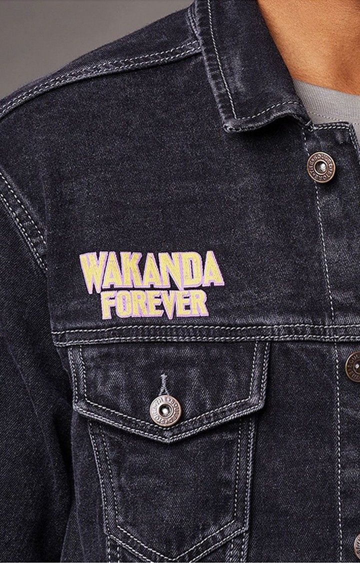Men's Black Panther: Wakanda Forever Black Printed Denim Jacket