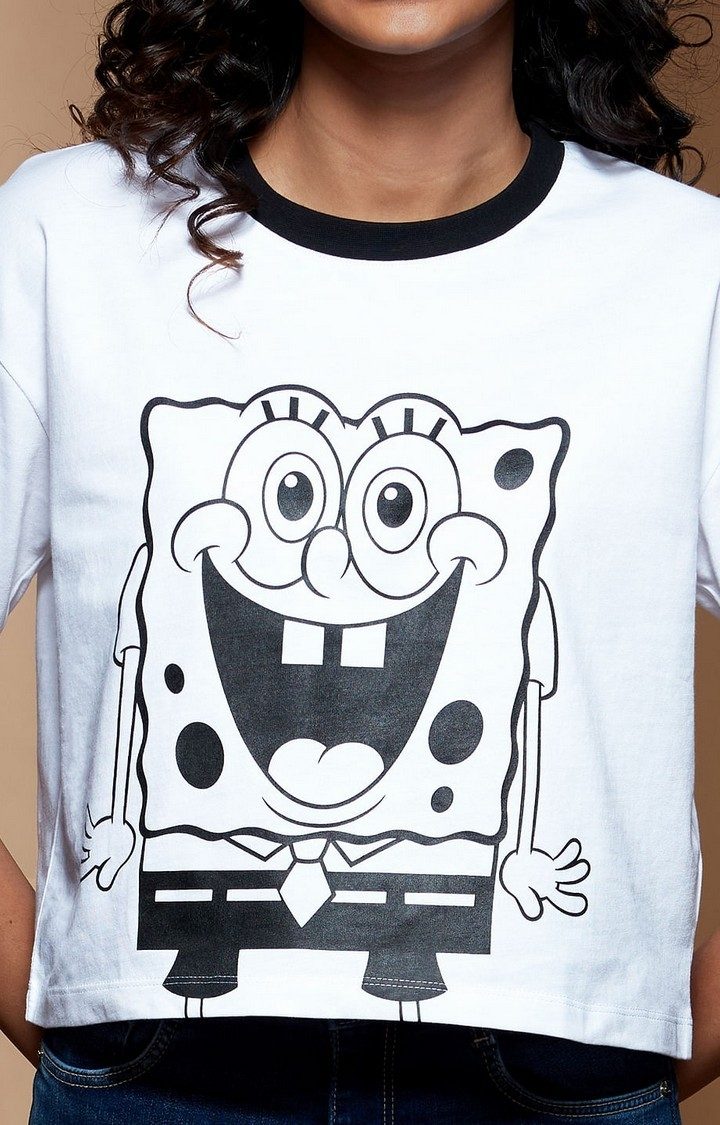 Women's SpongeBob: Happiness White Printed Crop Top