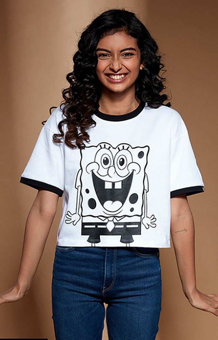 Women's SpongeBob: Happiness White Printed Crop Top