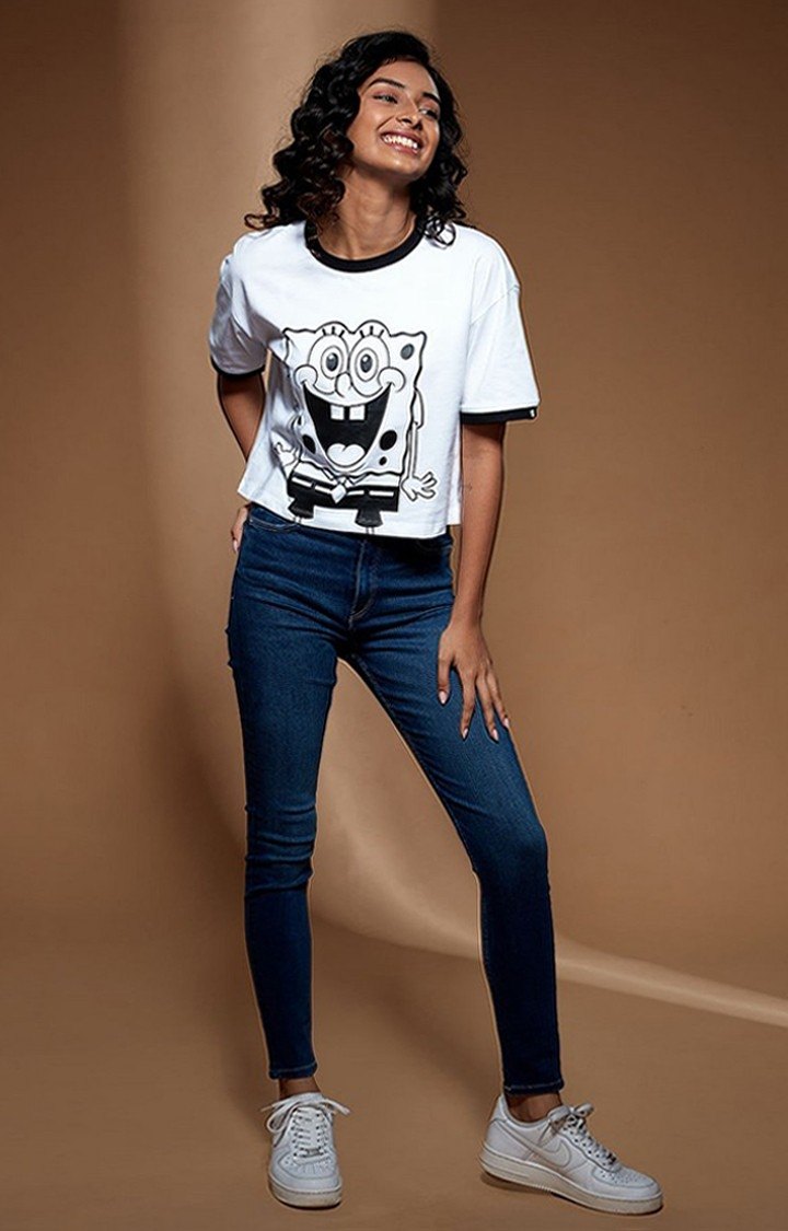 Women's SpongeBob: Happiness White Printed Crop Top