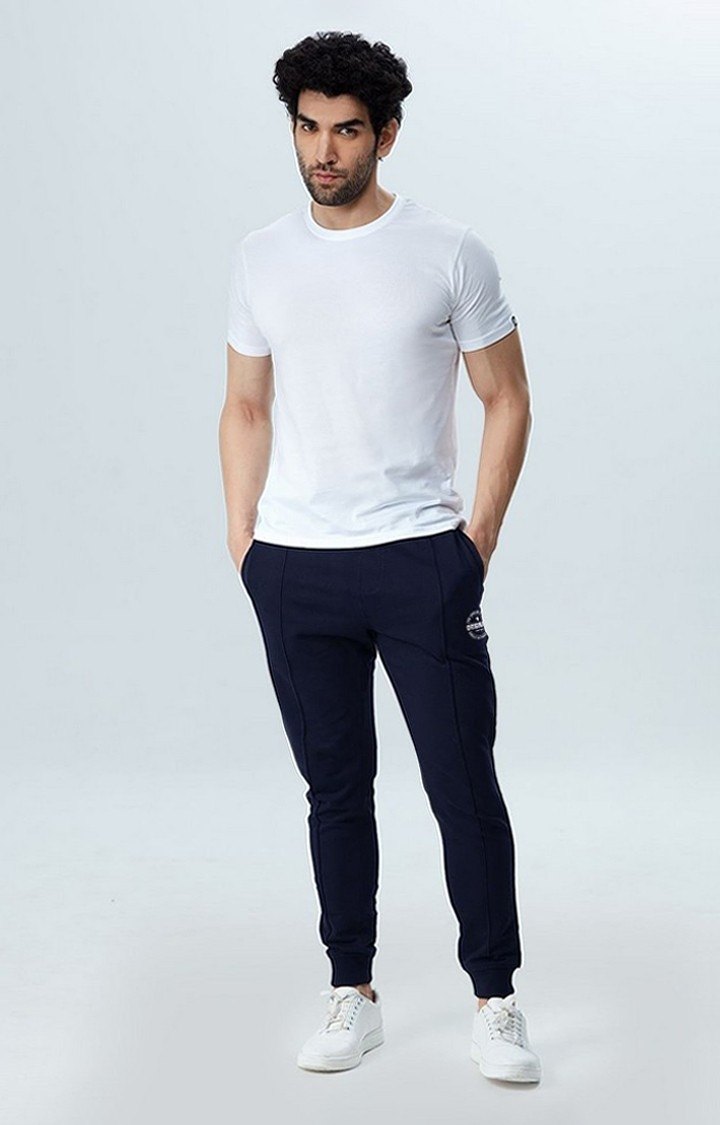 Men's  Navy Cotton Solid Activewear Joggers