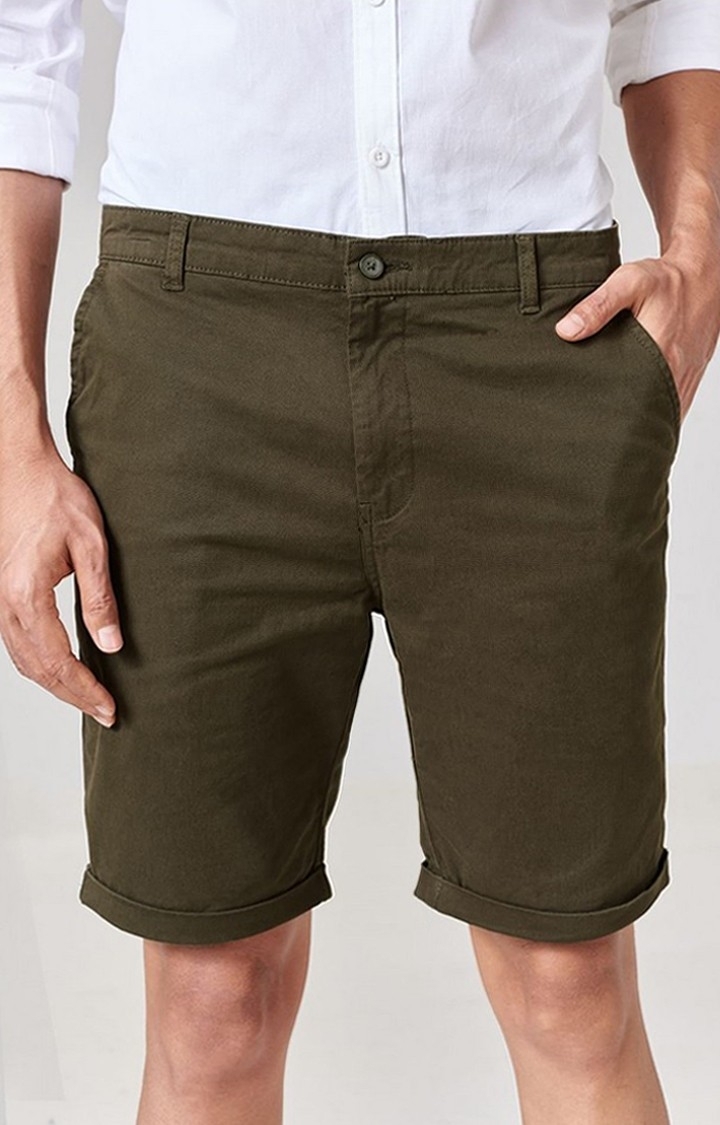 The Souled Store | Men's  Olive Polycotton Solid Shorts