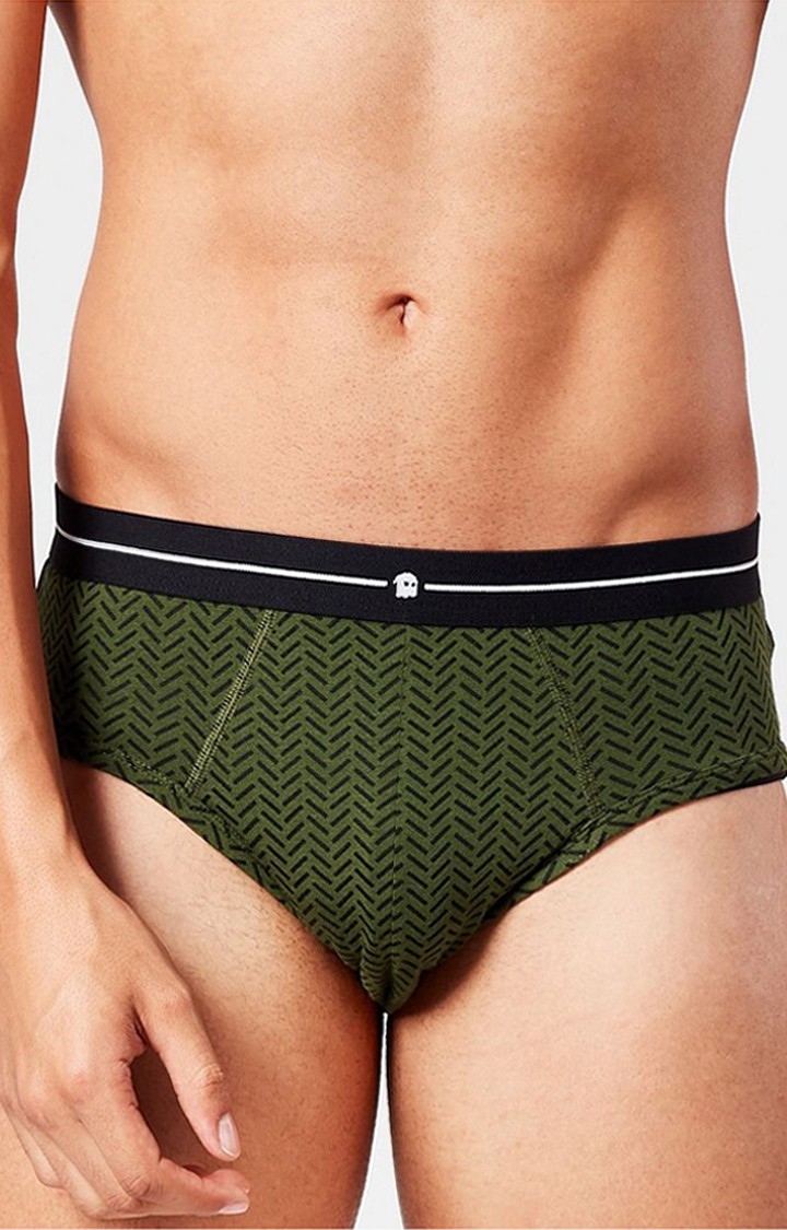 Men's Olive Green Herringbone Pattern Briefs Underwear