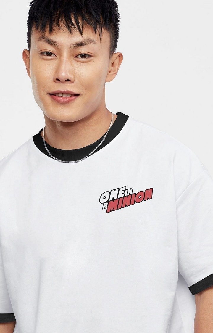 Men's Minions: One In A Minion White Printed Oversized T-Shirt