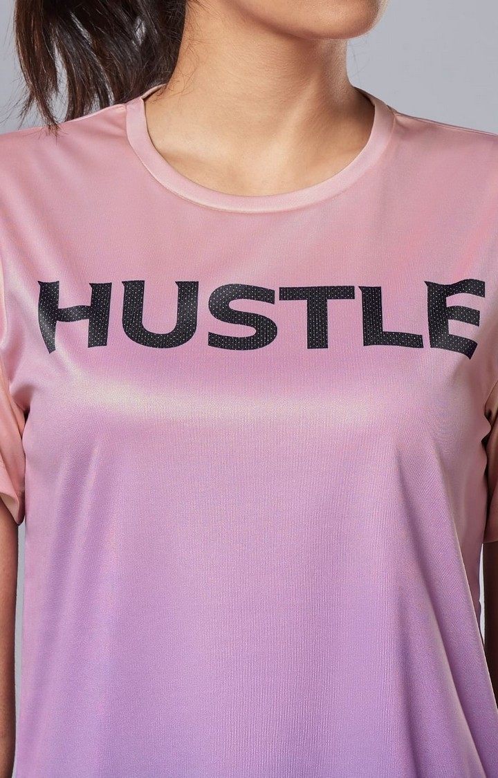 Women's Hustle Purple Typographic Printed Activewear T-Shirt