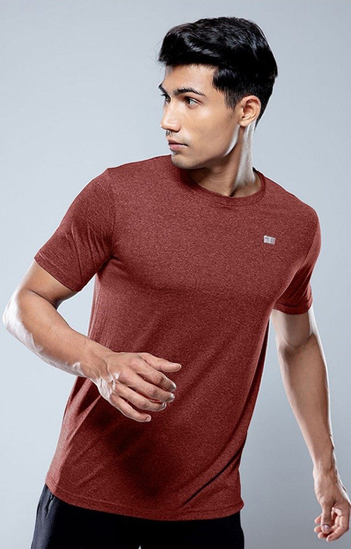 Men's Red Melange Textured Activewear T-Shirt