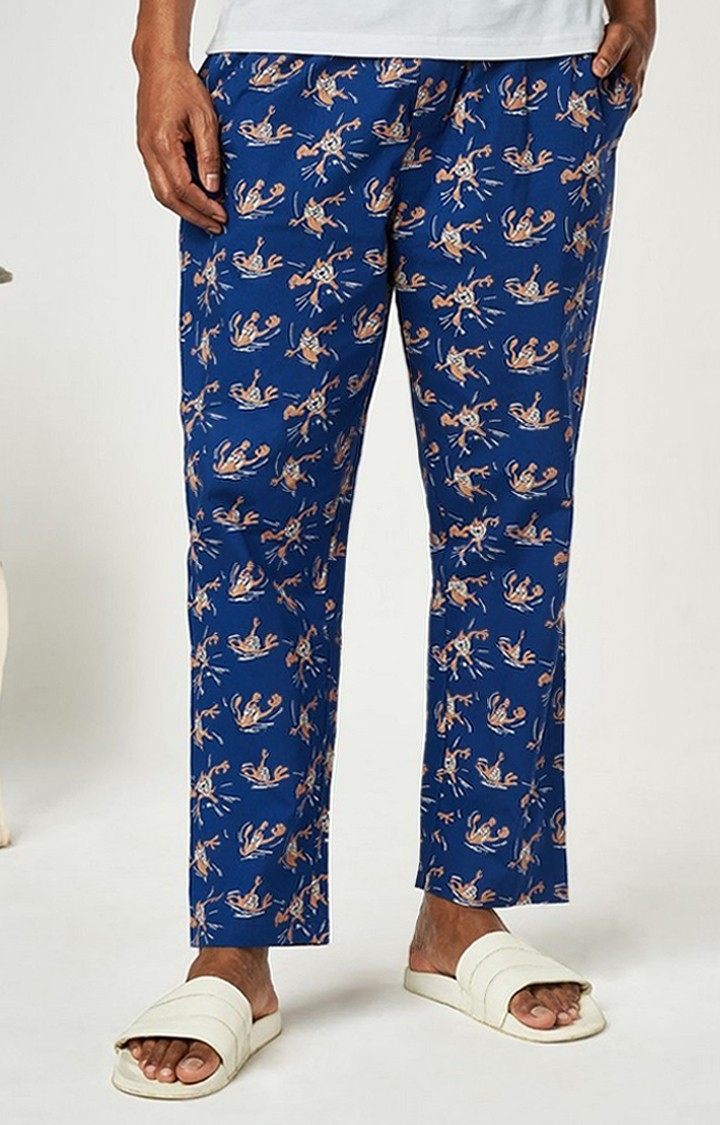 Men's Looney Tunes Taz Doodle Blue Cotton Printed Trackpant