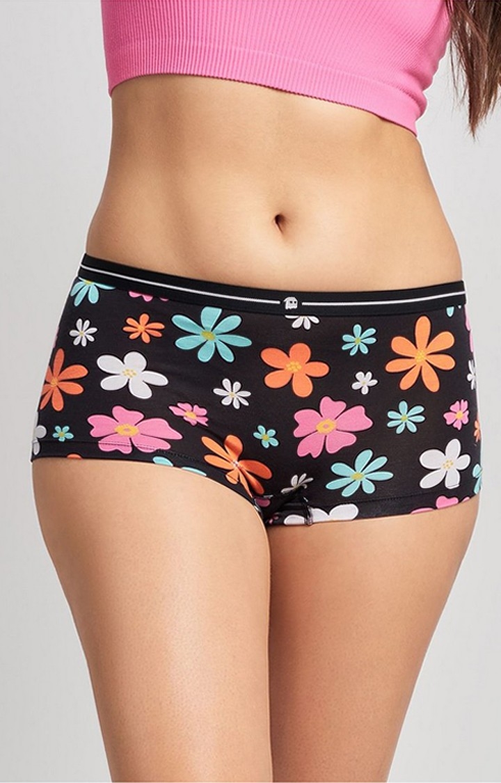 Women's Black Floral Pattern Boyshorts