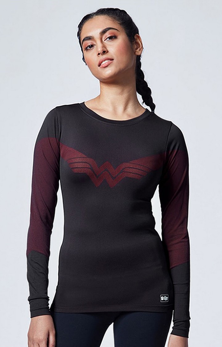 Women's Wonder Women: Logo Black Printed Activewear T-Shirt
