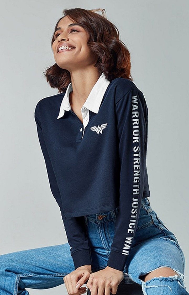 Women's Wonder Woman: Logo Blue Printed Crop T-Shirt