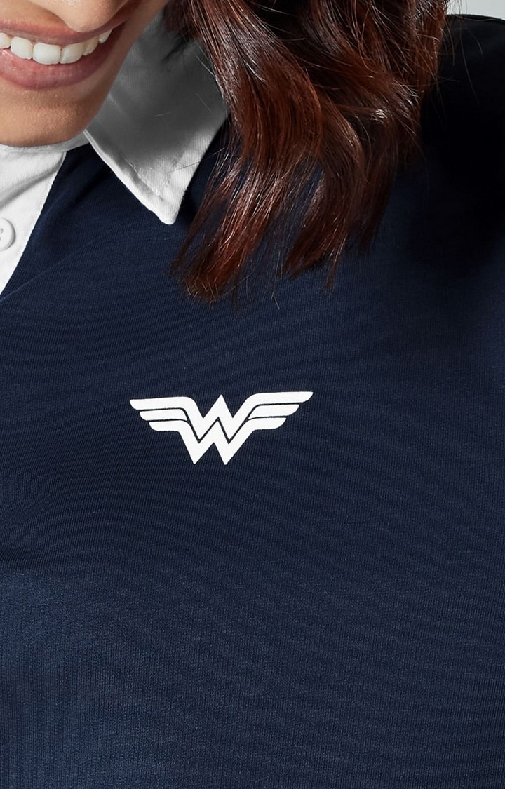 Women's Wonder Woman: Logo Blue Printed Crop T-Shirt