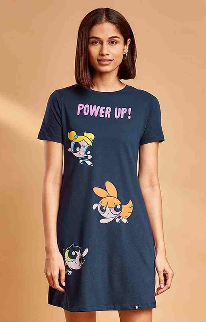 Women's Powerpuff Girls: Girl Power Blue Printed Shift Dress