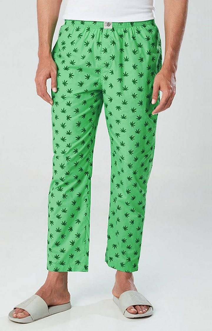 Men's Reggae Leaf  Light Green Cotton Printed Trackpant