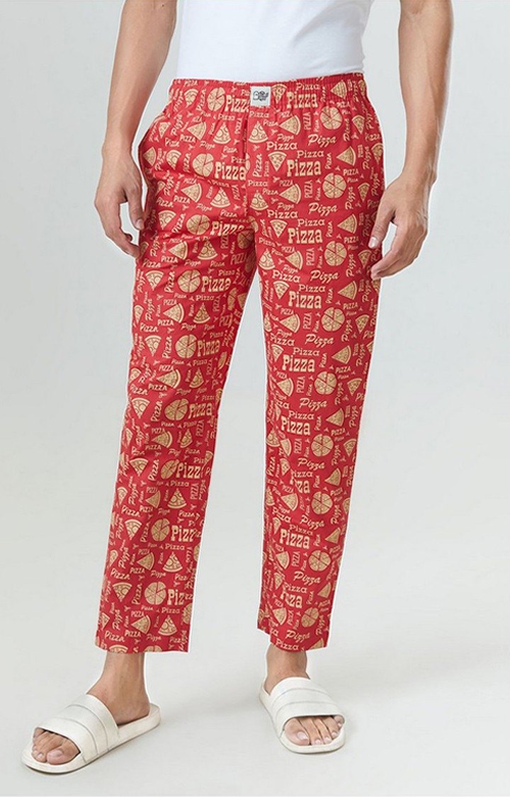 Men's Pizza  Orange Cotton Printed Trackpant