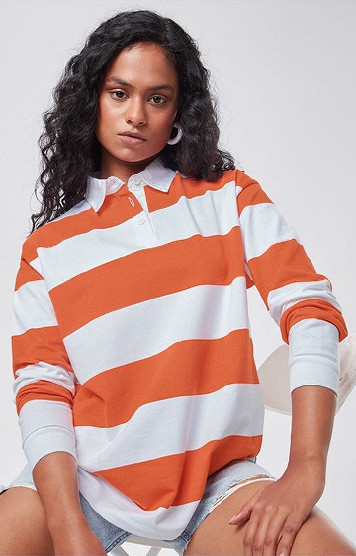 The Souled Store | Women's Orange & White Striped Polo T-Shirts