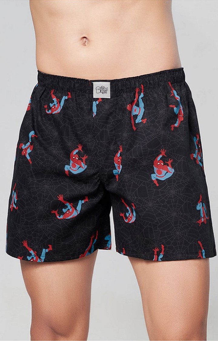 Men's Spider-Man Spin The Web Black Cotton Printed Shorts