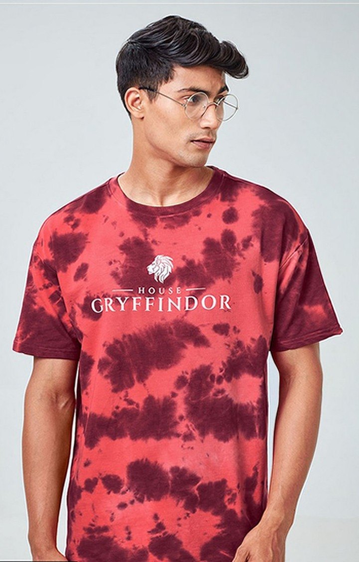 Men's Harry Potter: House Gryffindor Red Tie Dye Printed Oversized T-Shirt