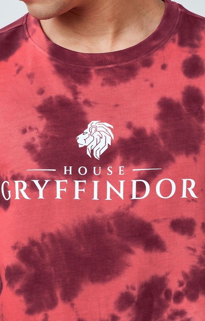 Men's Harry Potter: House Gryffindor Red Tie Dye Printed Oversized T-Shirt
