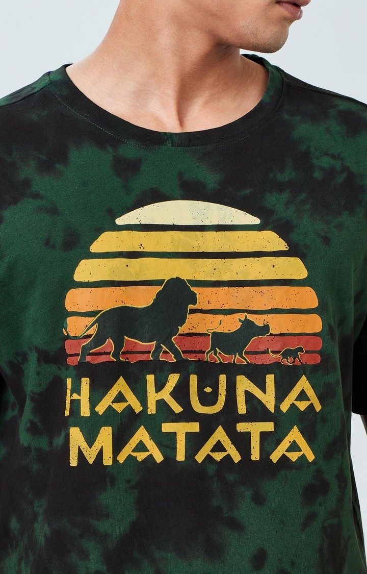 Men's Lion King: Hakuna Matata Black & Green Tie Dye Printed Oversized T-Shirt