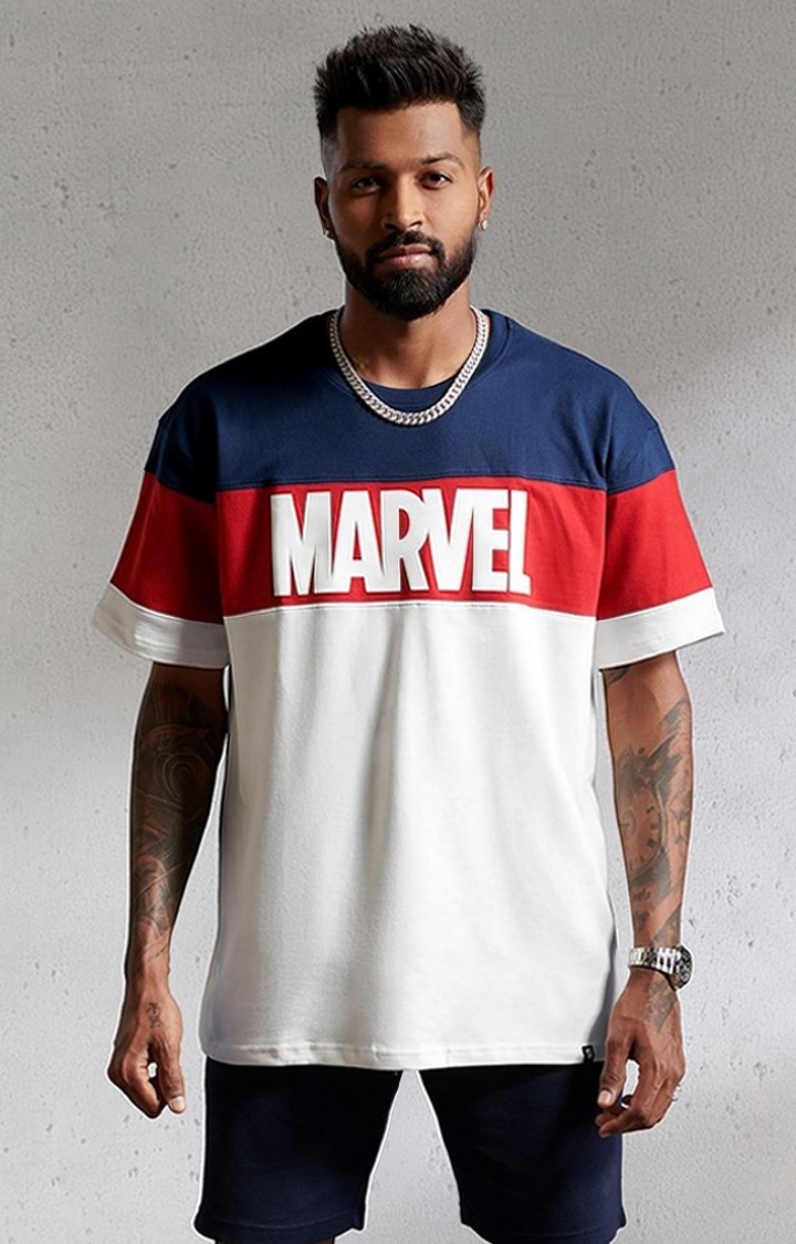 Men's Marvel: Logo Multicolour Typographic Printed Oversized T-Shirt