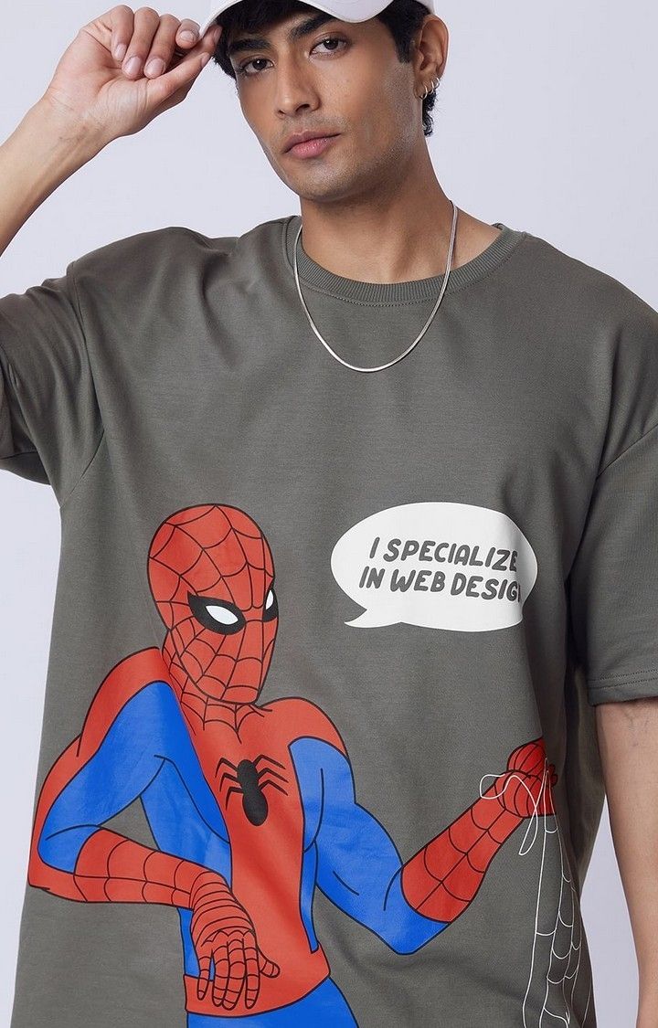 Men's Spider-Man: Web Design Grey Printed Oversized T-Shirt