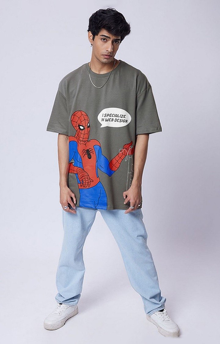 Men's Spider-Man: Web Design Grey Printed Oversized T-Shirt
