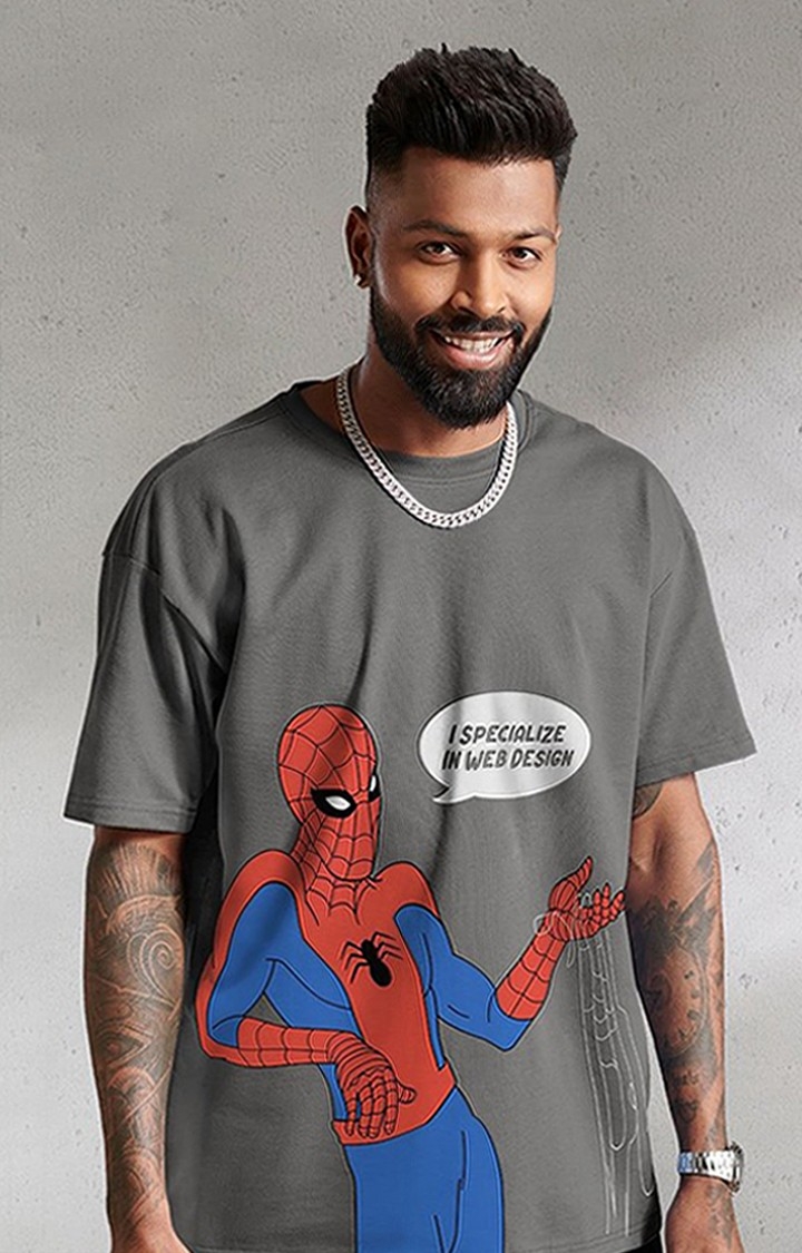Men's Spider-Man: Web Design Grey Printed Oversized T-Shirt