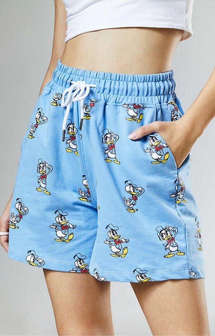 Women's Donald Duck  Light Blue Cotton Printed Shorts