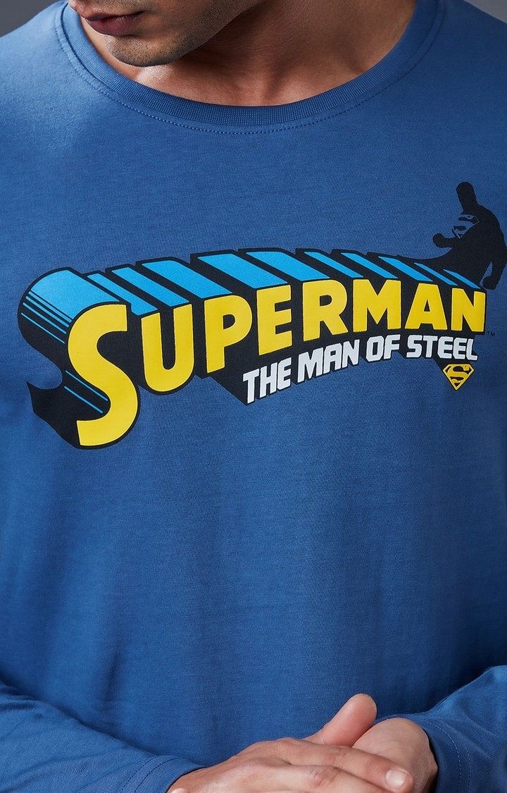 Men's Superman: Classic Logo Blue Typographic Printed Regular T-Shirt