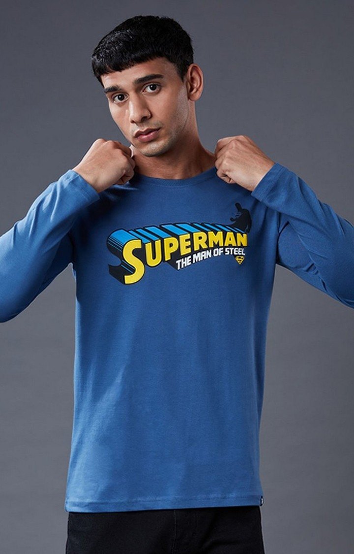 Men's Superman: Classic Logo Blue Typographic Printed Regular T-Shirt