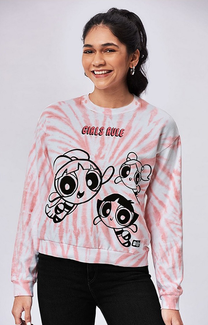 Women's Powerpuff Girls: Girls Rule Pink & White Tie Dye Printed Sweatshirts