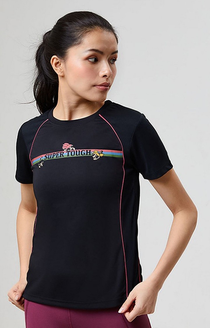 Women's Powerpuff Girls: Supertough Black Printed Activewear T-Shirt