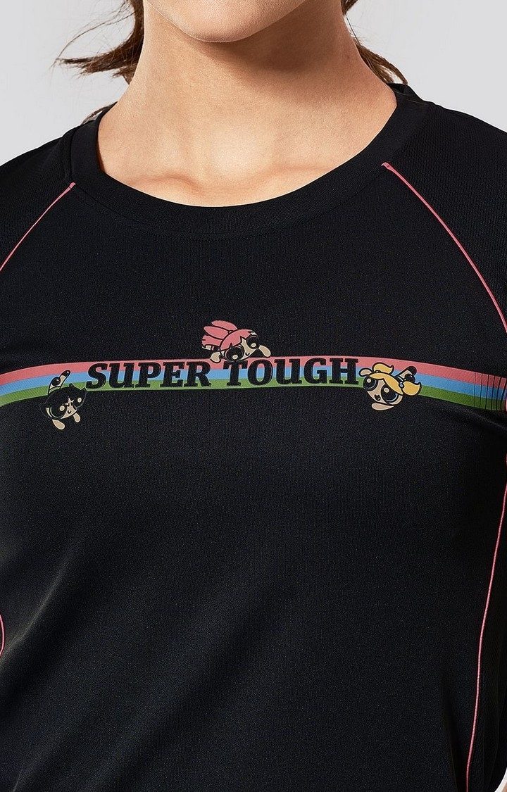 Women's Powerpuff Girls: Supertough Black Printed Activewear T-Shirt