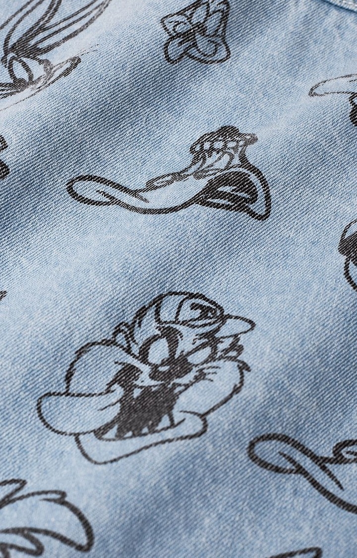 Women's Looney Tunes Blue Printed Denim Jacket
