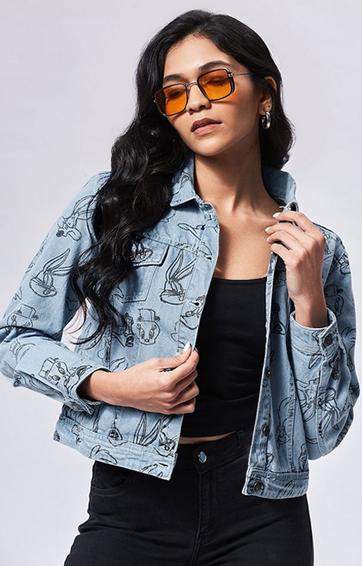 Women's Looney Tunes Blue Printed Denim Jacket