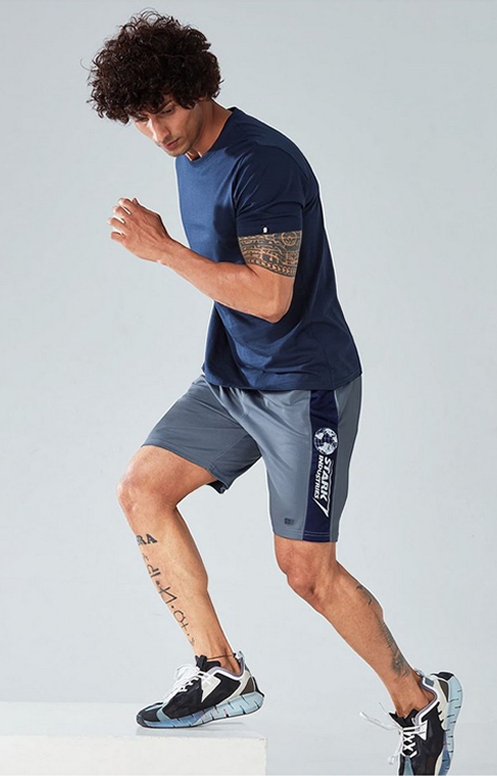 Men's Iron Man Stark Industries Blue Polyester Typographic Printed Activewear Shorts