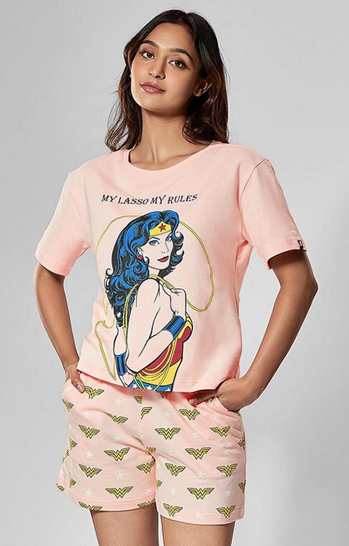 Women's Wonder Woman: My Rules Set Pink Printed Co-ords
