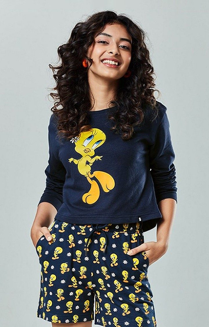Women's Navy Blue Official Tweety: Pattern Set Nightwear Sets