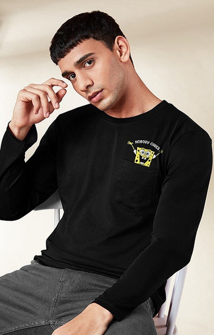 Men's SpongeBob: Nobody Cares Black Solid Regular T-Shirt