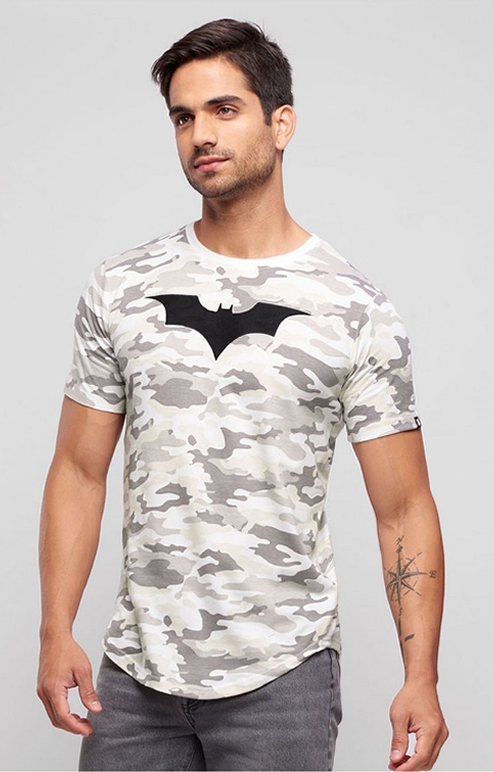 The Souled Store | Men's Batman: Logo Off White Camouflage Printed Regular T-Shirt