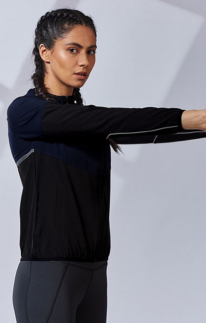 Women's Black & Blue Colourblock Activewear Jacket