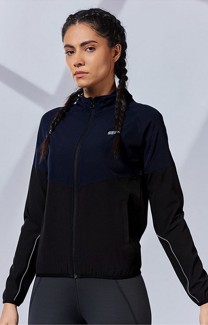 Women's Black & Blue Colourblock Activewear Jacket