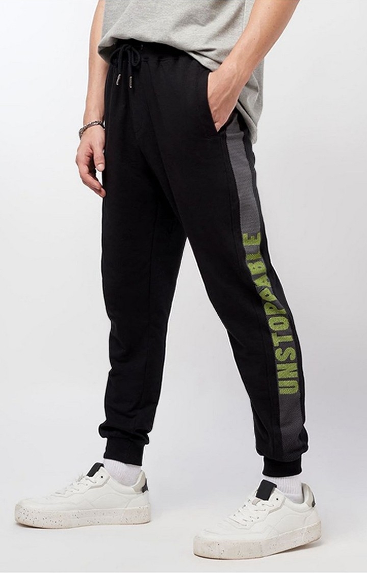 Men's Be Unstoppable Black Cotton Typographic Printed Activewear Joggers