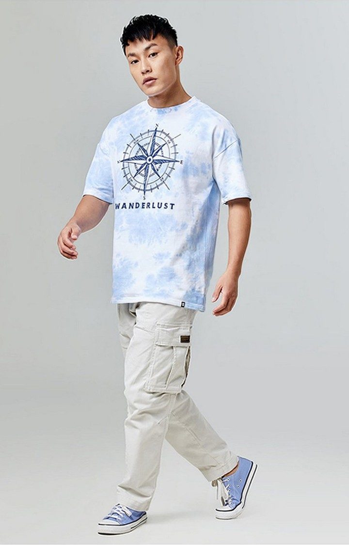 Men's Wanderlust Blue Tie Dye Printed Oversized T-Shirt