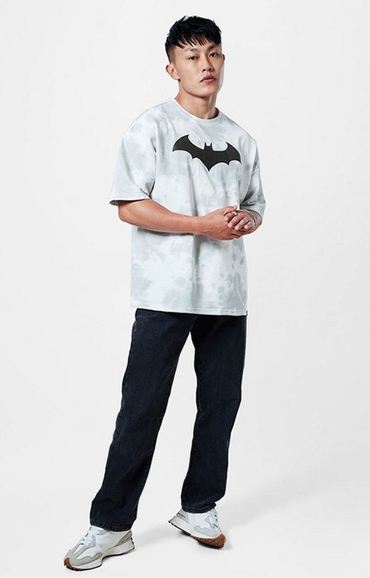 Men's Batman: Bat Signal Tie Dye White Printed Oversized T-Shirt