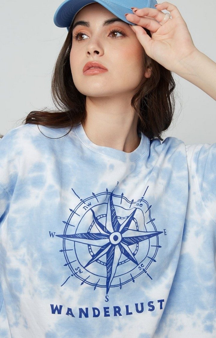 Women's Wanderlusting Blue Printed Oversized T-Shirt