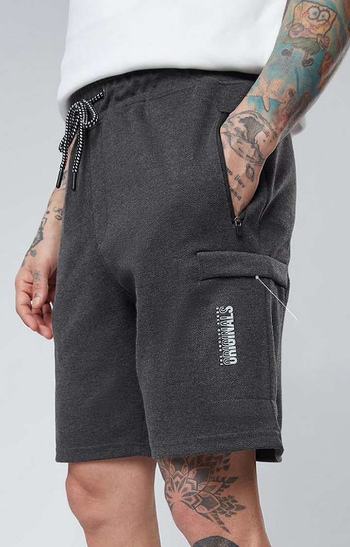 Men's  Charcoal Melange Textured Cotton Solid Shorts