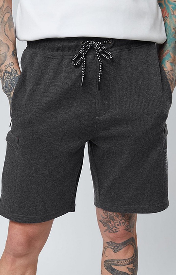 The Souled Store | Men's  Charcoal Melange Textured Cotton Solid Shorts