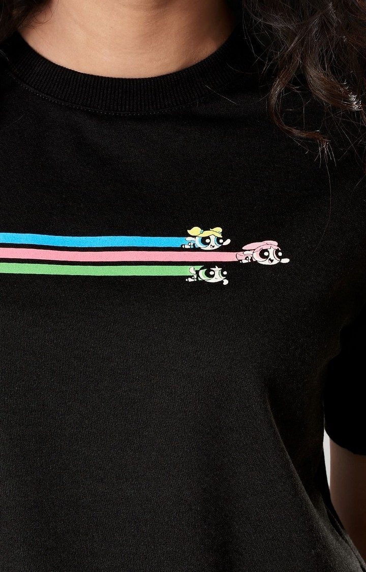 Women's Powerpuff Girls: Saving The Day Black Printed Crop Top