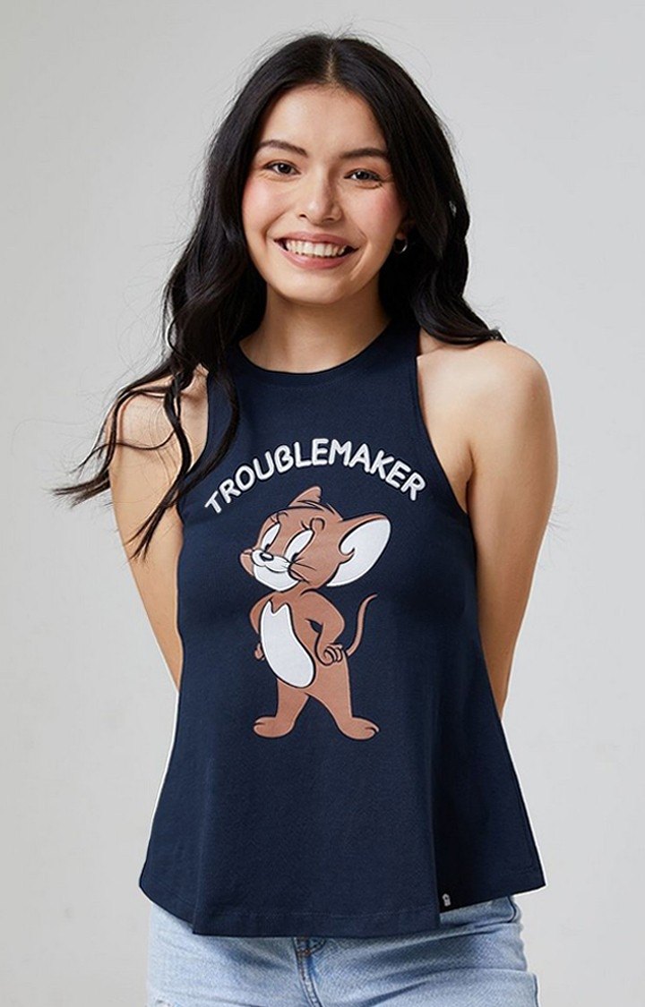Women's Tom And Jerry: Troublemaker Blue Printed Tank Top